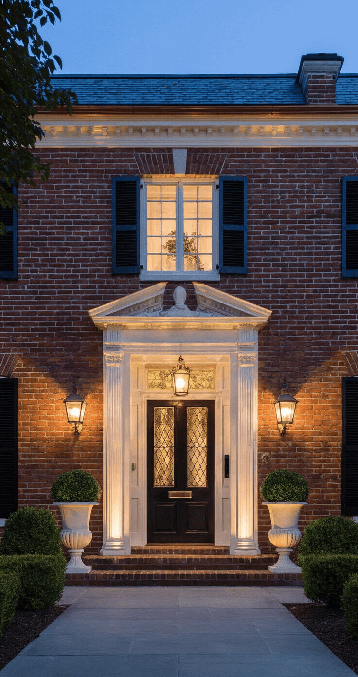 Elegant Georgian brick home at dusk with Revere Pewter door and leaded glass sidelights, illuminated by professional landscape lighting, framed by topiary urns and featuring custom millwork and a copper portico, captured from an elevated 24mm wide angle.