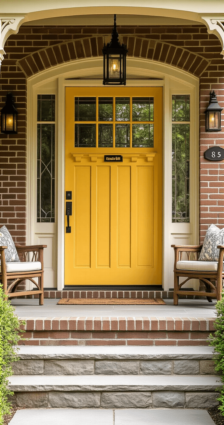 Close-up of a craftsman-style brick entrance featuring a Behr Cornsilk yellow door with vintage glass panels, oil-rubbed bronze hardware, and Arts & Crafts style lanterns, set against natural stone steps and a wraparound porch with mission-style furniture, all bathed in warm mid-morning light.