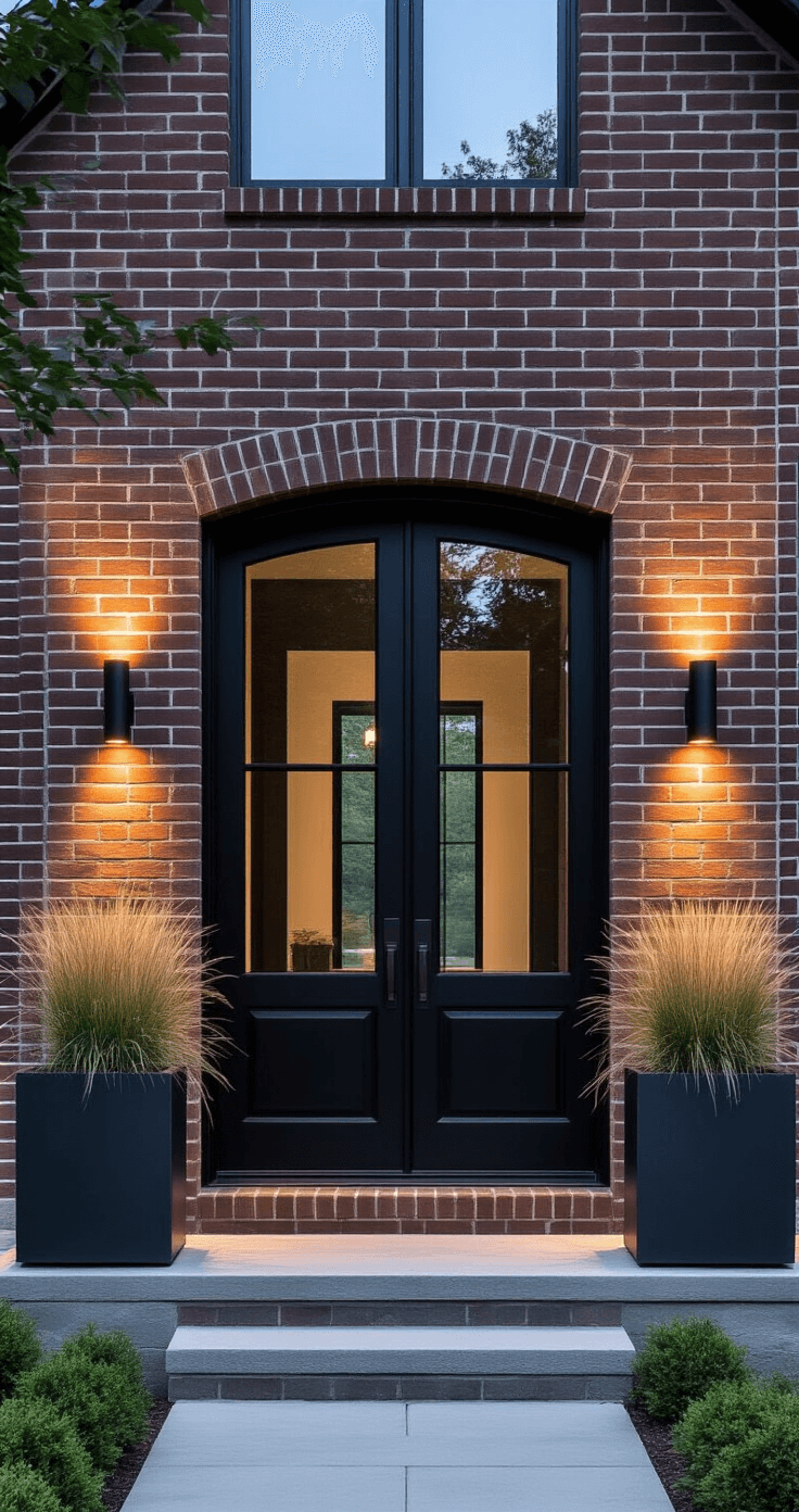 A modern farmhouse with a brick exterior at twilight, showcasing dramatic black double doors, minimalist sconces, and clean-lined planters with architectural grasses, captured straight-on for a contemporary and sophisticated aesthetic.