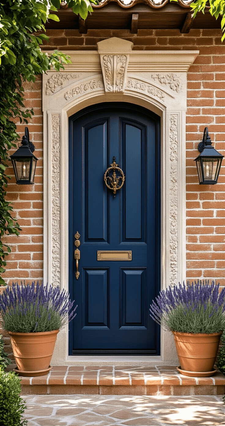 Sun-drenched entrance of a Mediterranean brick villa featuring a rich navy blue door, ornate iron hardware, and traditional lantern sconces, framed by a carved limestone surround and terracotta pots filled with lavender, captured at an angle to highlight depth and detail.