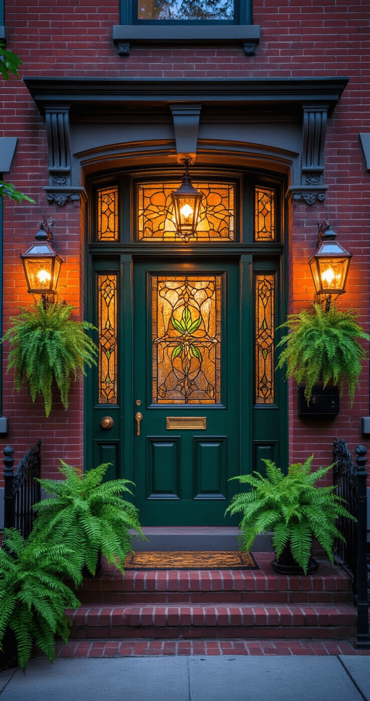 Detail view of a Victorian brick home's entrance at blue hour, featuring an emerald green door with stained glass panels, gaslight-style lanterns illuminating the brickwork, Boston ferns hanging from corbels, and gleaming vintage hardware.