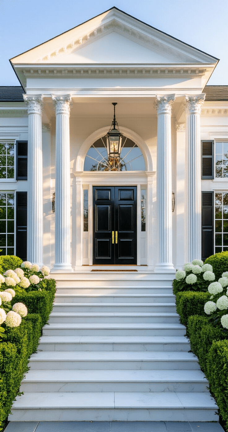 A stunning white Colonial-style house with a glossy black front door and polished nickel hardware, framed by symmetrical boxwoods and white hydrangeas, captured at golden hour with long shadows highlighting its elegant features.