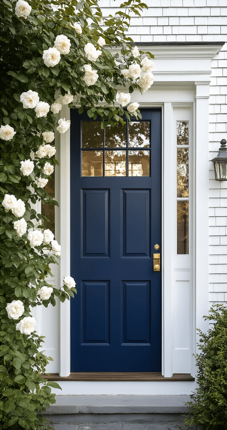 Early morning coastal scene featuring a classic white shingle-style home with a navy blue door, weathered brass hardware, and clear glass sidelights, framed by climbing white roses with morning dew, all bathed in soft, diffused light against a serene maritime backdrop with slight fog.