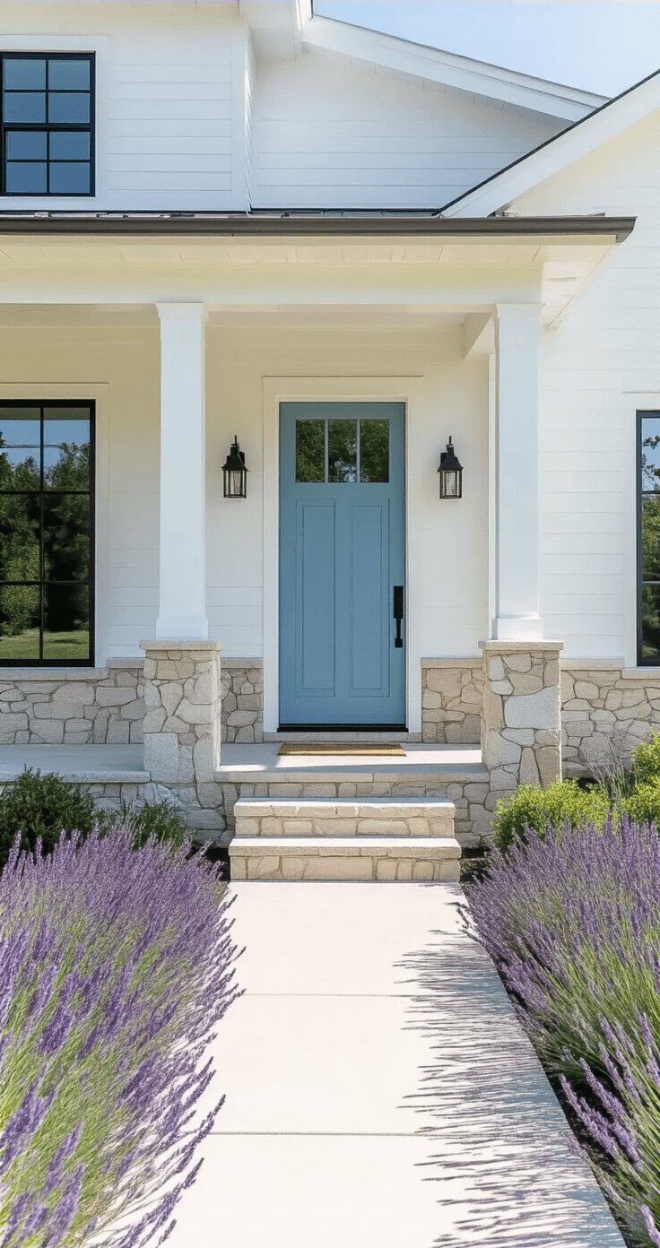 Aerial view of a modern farmhouse with a powder blue door, natural stone foundation, and white facade, framed by lavender plants along the concrete walkway, under bright midday light.