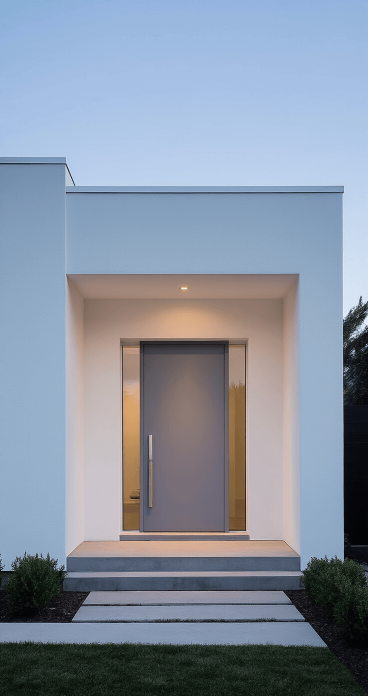 Dusk view of a minimalist white contemporary home featuring a soft gray door, clean lines, geometric landscaping, and subtle uplighting, with brushed steel house numbers and handle, captured in an ultra-wide architectural shot at f/4 during blue hour.