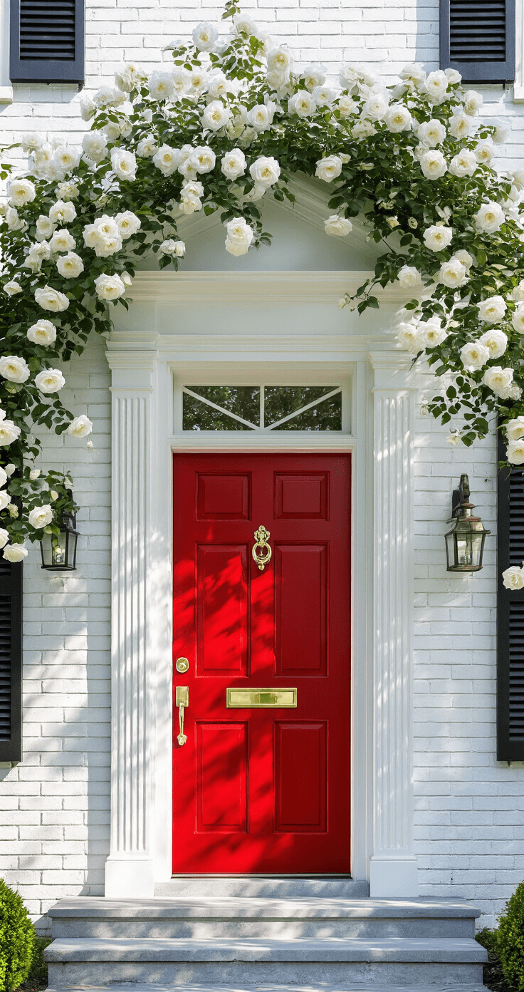 A vibrant red door on a traditional white brick home, framed by climbing roses and black shutters, with strong sunlight highlighting the door's glossy finish and brass accents.