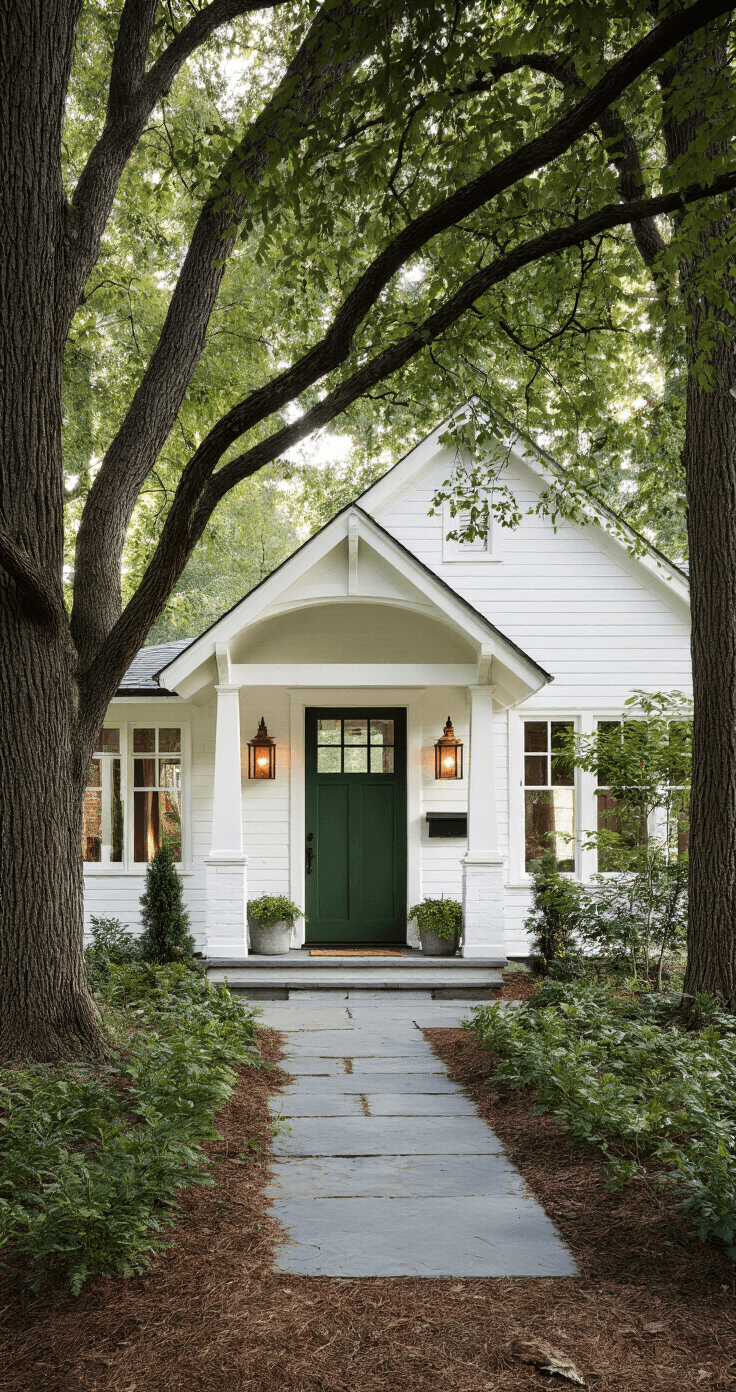 A white craftsman bungalow with a forest green door is set in a morning woodland, flanked by copper lanterns developing patina, surrounded by mature trees and native landscaping, with dappled light filtering through the canopy.