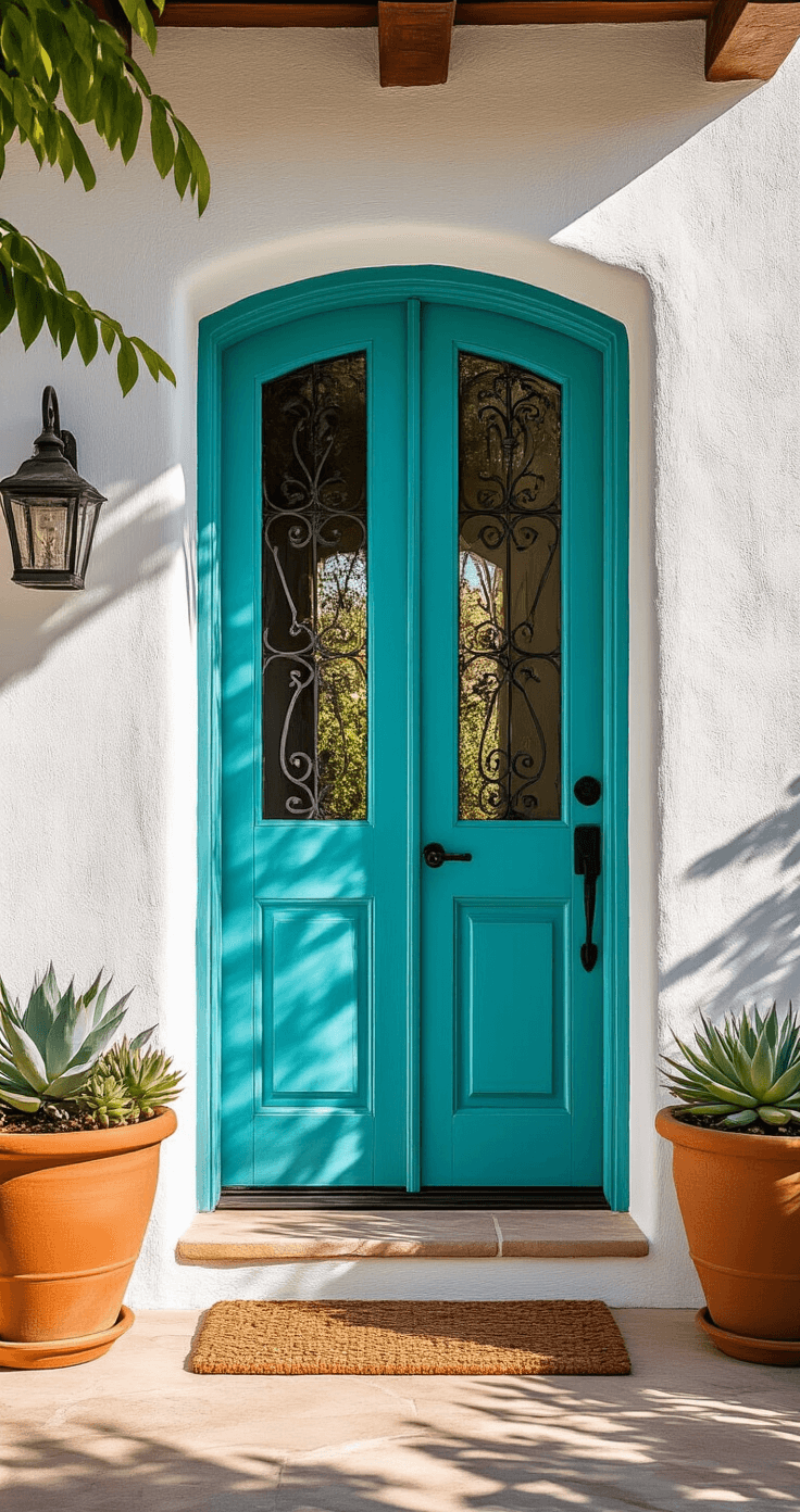 Late afternoon image of a Mediterranean-style white stucco home featuring a vibrant turquoise door. Architectural details highlight the door's unique color against the textured stucco, framed by terracotta pots with succulents and wrought iron accents. Strong southwestern light casts dramatic shadows.