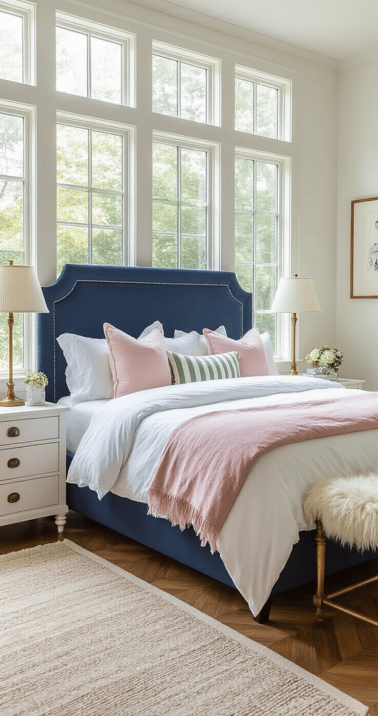 Preppy Bedroom Decor: Your Ultimate Guide to Creating a Chic, Timeless Space A preppy bedroom with navy headboard, white linens, pink and sage accents, and floor-to-ceiling windows, featuring brass table lamps and herringbone hardwood floors, captured from a doorway corner angle.