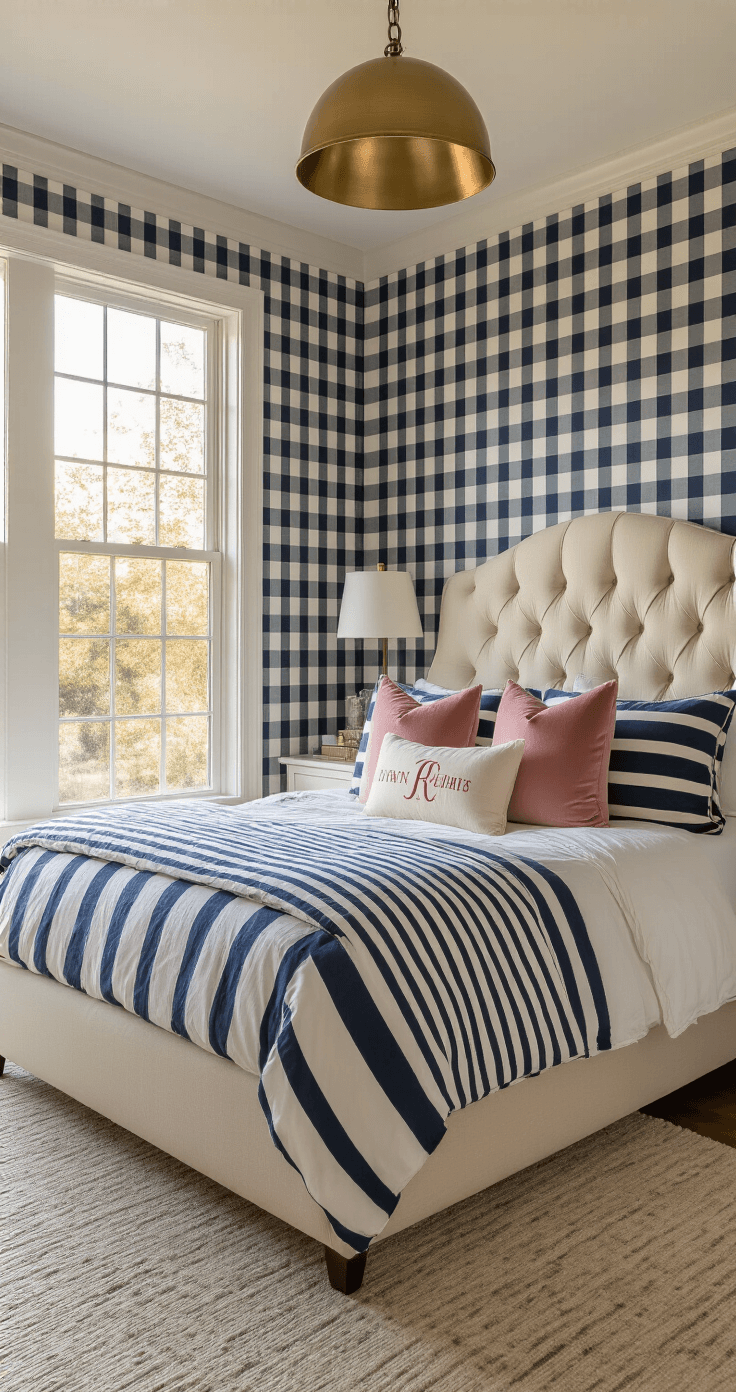 Preppy Bedroom Decor: Your Ultimate Guide to Creating a Chic, Timeless Space Elegant preppy bedroom with gingham accent wall, tufted cream headboard, layered navy and white striped bedding, blush pink velvet pillows, and monogrammed lumbar pillow, warmly lit by a brass pendant light, featuring polished white furniture and styled vignettes, captured during golden hour.