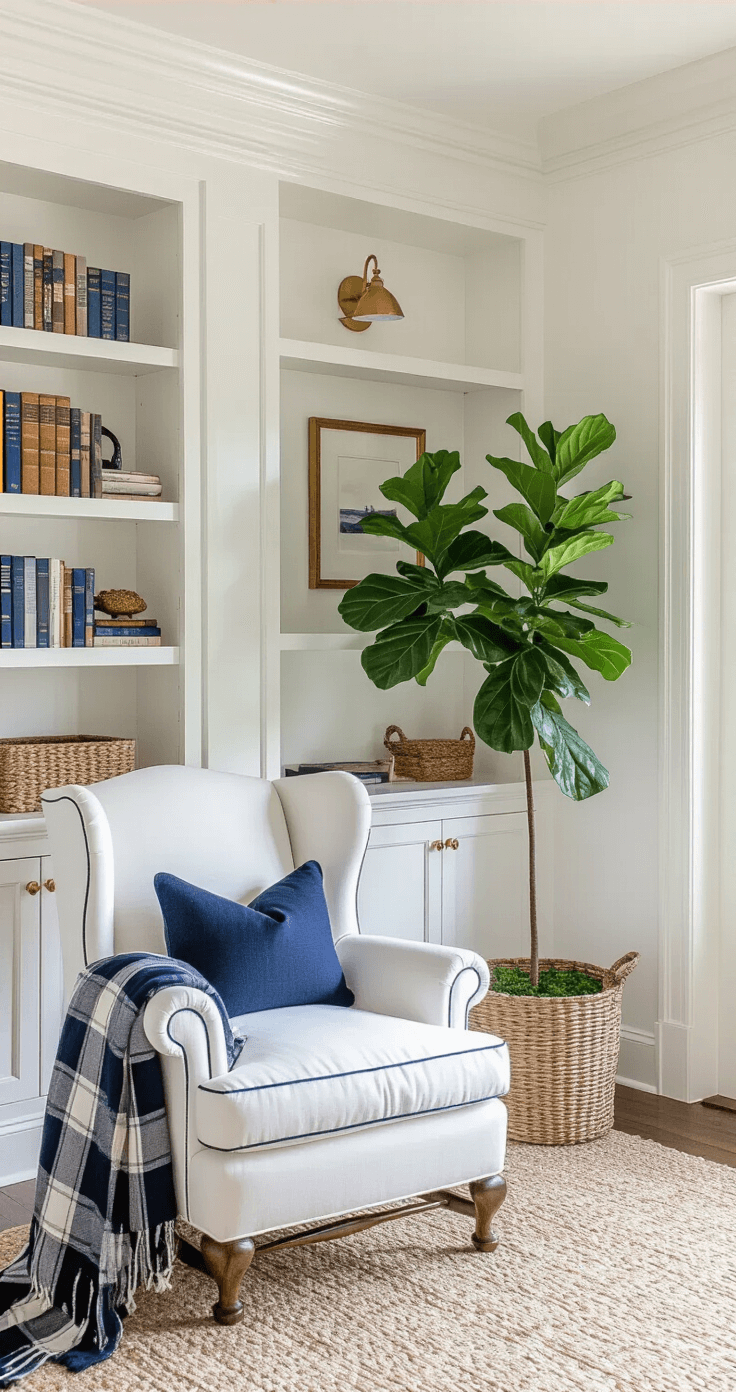 Preppy Bedroom Decor: Your Ultimate Guide to Creating a Chic, Timeless Space Sun-drenched preppy bedroom featuring a reading nook with a white wingback chair, navy piping, built-in bookshelves, brass nautical accents, a plaid throw, and a fiddle leaf fig, all under 10ft coffered ceilings illuminated by natural light.