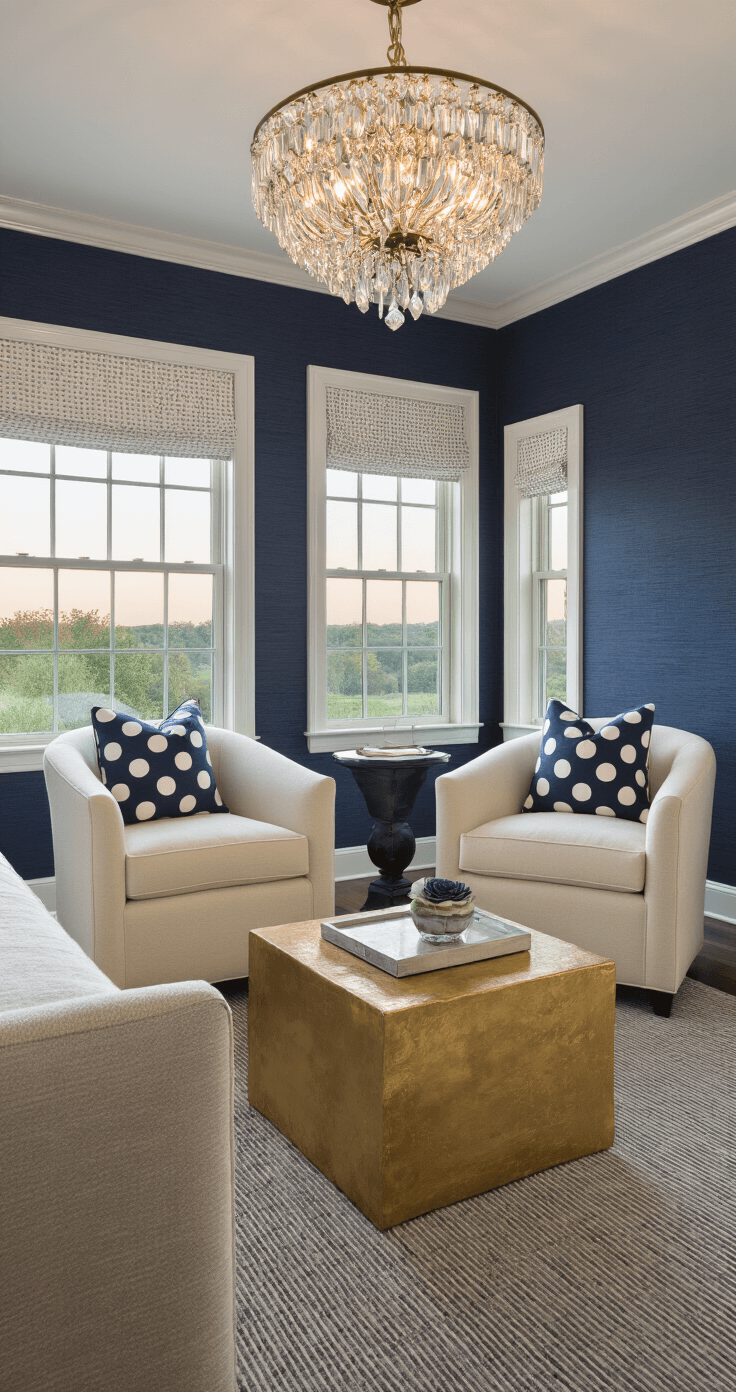 Preppy Bedroom Decor: Your Ultimate Guide to Creating a Chic, Timeless Space Master bedroom seating area at dusk with cream barrel chairs facing a gold-leafed coffee table against navy grasscloth walls, adorned with polka dot throw pillows and illuminated by a crystal chandelier.