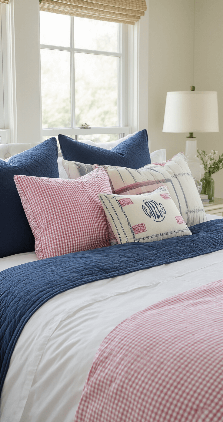 Preppy Bedroom Decor: Your Ultimate Guide to Creating a Chic, Timeless Space Detail shot of a preppy bedroom featuring a king-sized bed layered with white percale sheets, a navy quilted coverlet, pink block-print shams, and mixed pattern pillows in gingham, stripes, and monograms, enhanced by soft morning light that highlights the fabric textures.