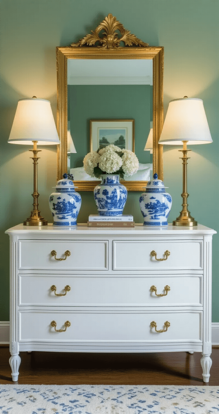 Preppy Bedroom Decor: Your Ultimate Guide to Creating a Chic, Timeless Space A stylish preppy bedroom dresser vignette featuring a white lacquered six-drawer dresser, symmetrical brass table lamps, a gold-framed mirror, and a collection of blue and white chinoiserie, all set against a sage green accent wall with warm ambient lighting at twilight.