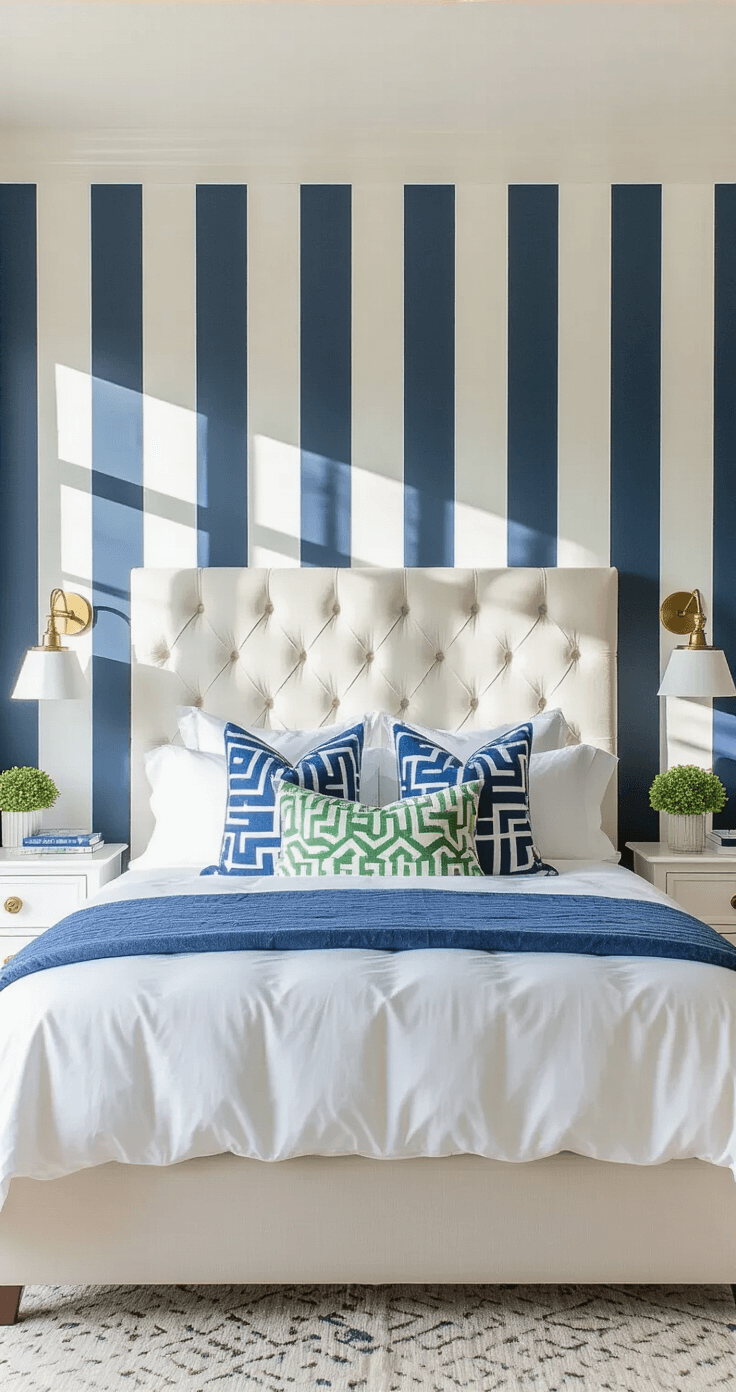 A bright and spacious preppy bedroom featuring navy and white striped wallpaper, a tufted white linen headboard, and crisp white bedding with blue and green pillows, illuminated by morning sunlight through floor-to-ceiling windows.
