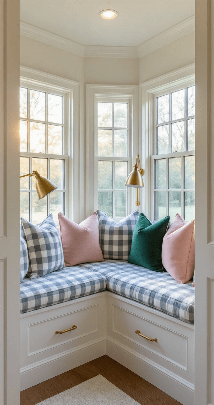 A cozy preppy bedroom corner at golden hour featuring a window seat with gingham cushions, custom millwork around triple-pane windows, sheer white curtains, concealed LED lighting, and a collection of monogrammed pillows in emerald, navy, and blush pink, complemented by a brass reading lamp against white paneled walls.