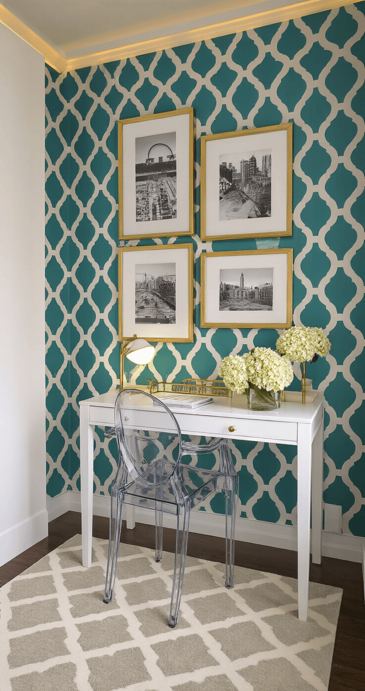 Modern preppy bedroom vignette at dusk, showcasing teal and white geometric wallpaper, LED ambient lighting, a gallery wall of black and white photography in gilt frames, a white lacquered desk with a lucite chair, brass accessories, fresh hydrangeas, and a cream and gray trellis pattern rug. Shot from a corner angle at eye level.
