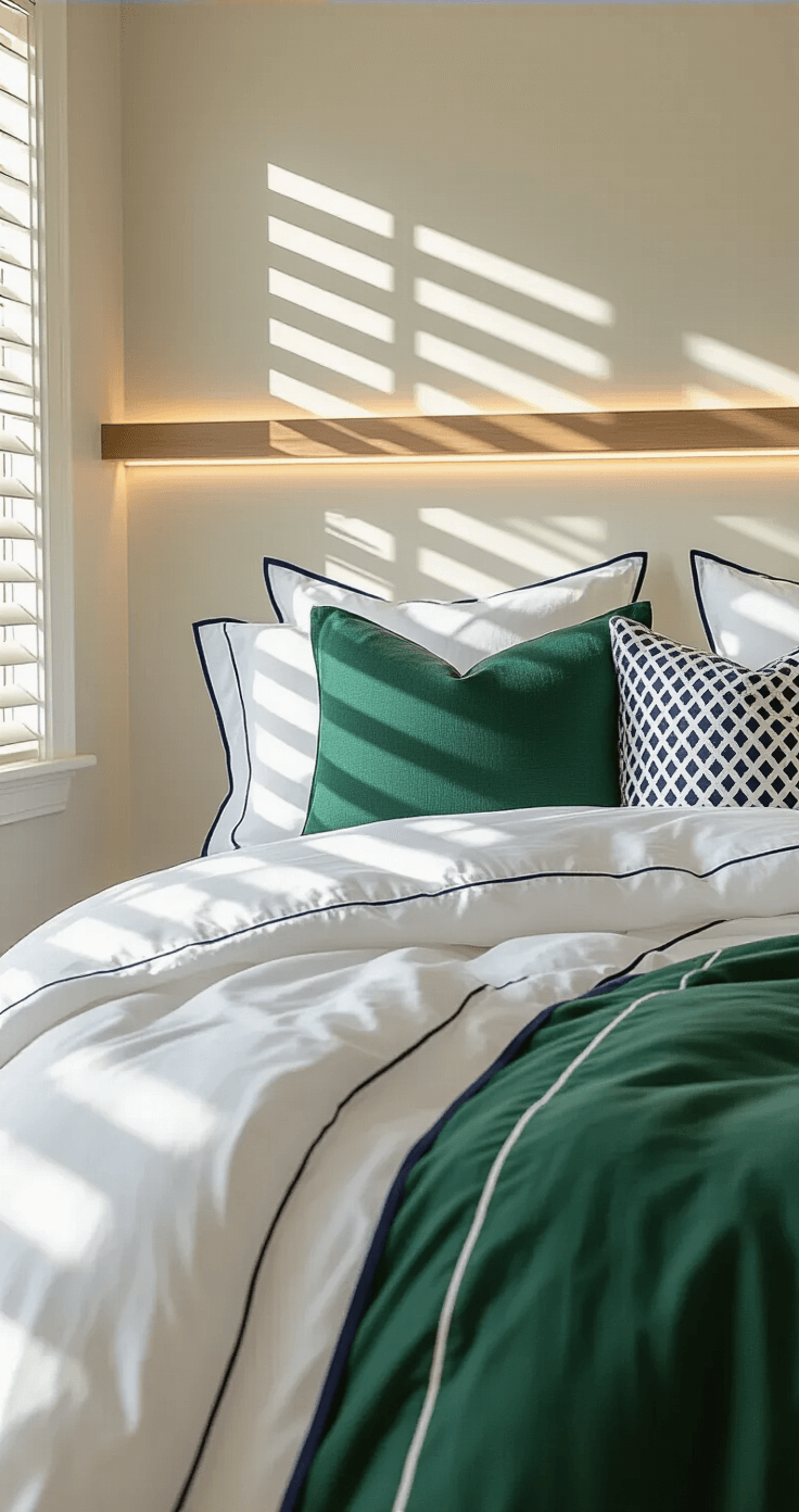 Sunlit preppy bedroom detail shot featuring a perfectly styled bed with a white cotton duvet with navy piping, color-blocked emerald and white shams, traditional ruffled Euro pillows, and modern geometric throw pillows, all illuminated by morning light through plantation shutters, with LED strip lighting adding depth.