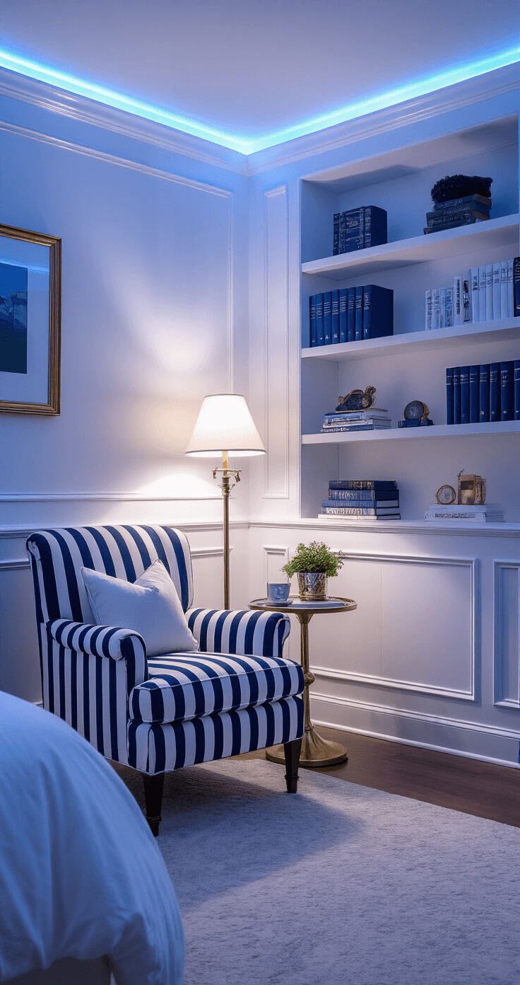Evening scene in a preppy bedroom featuring innovative LED perimeter lighting in soft blue, illuminating white wainscoting; a cozy reading nook with a striped armchair and brass floor lamp; and a styled bookshelf with alternating white-spined books and navy-green accessories, captured with dramatic shadows.