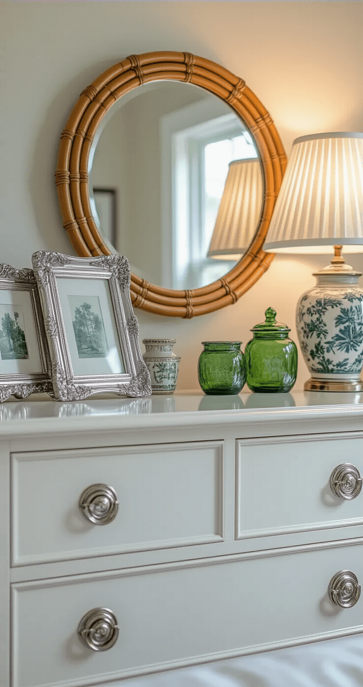 Close-up of a preppy bedroom dresser featuring a white lacquered surface adorned with vintage silver frames, green glass vessels, and a bamboo-trimmed round mirror. LED accent lighting softly illuminates the back, while a ginger jar lamp with a white pleated shade adds vertical interest. Natural light from a nearby window enhances the metallic finishes of the decor.