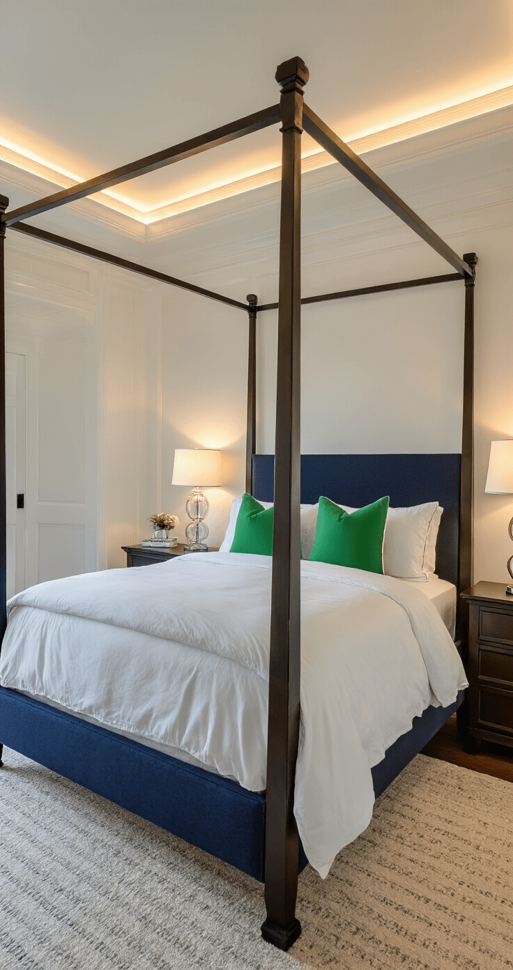Wide-angle sunset shot of a stylish preppy bedroom with twelve-foot ceilings, crown molding, and warm LED cove lighting, featuring a four-poster bed with white linens and navy and kelly green accents, paired with matching nightstands and glass lamps, captured from an elevated angle to highlight spatial flow and lighting layers.