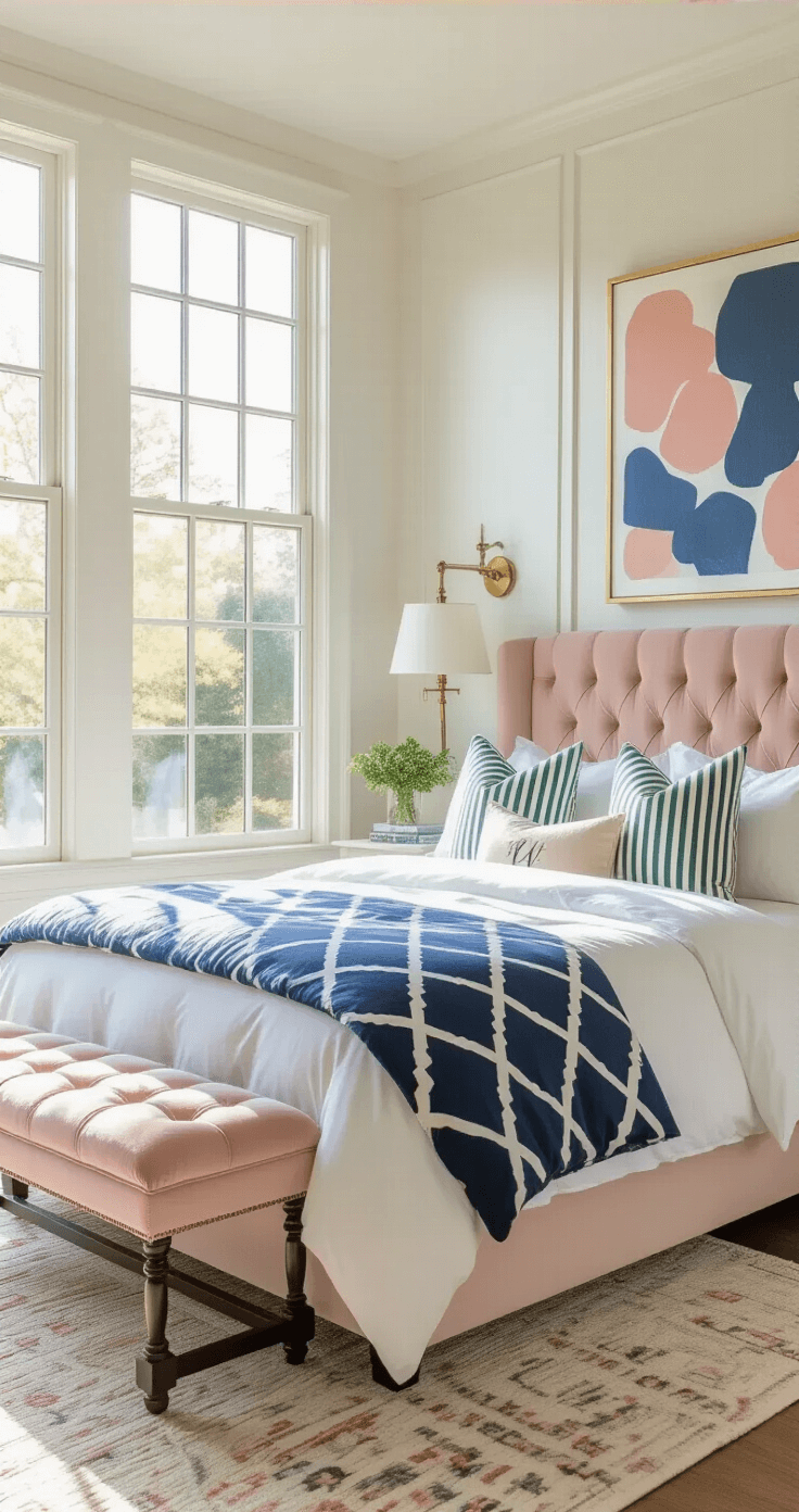 A preppy bedroom featuring a king-sized bed with white linens and a navy geometric duvet, blush pink tufted headboard, and layered throw pillows, illuminated by golden hour sunlight through Georgian windows, with brass sconces and artwork on white paneled walls.