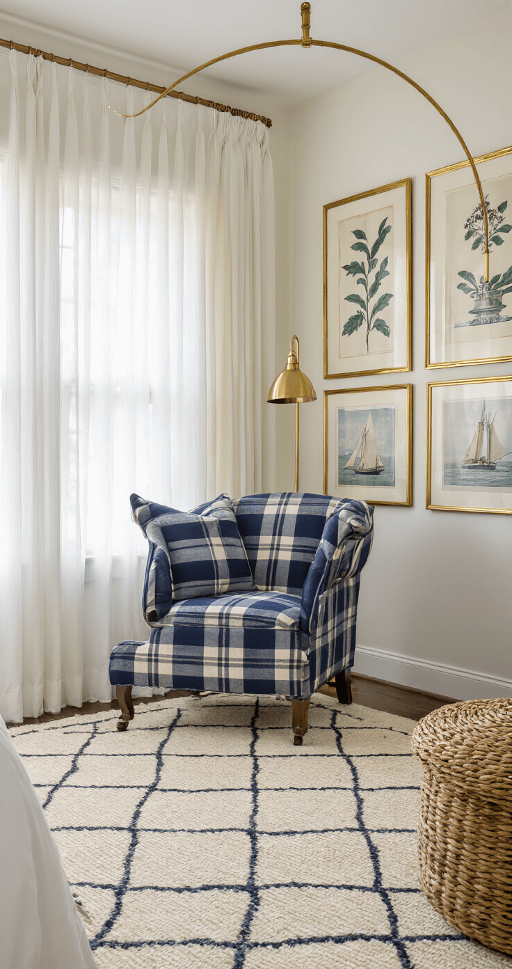 A cozy preppy bedroom featuring a navy wingback chair with plaid upholstery in a reading nook, illuminated by morning light through sheer white curtains. A gallery wall of gold-framed botanical prints and sailing photographs is visible, with a brass floor lamp arching overhead and a cream geometric wool rug grounding the space, complemented by a textured basket weave ottoman.