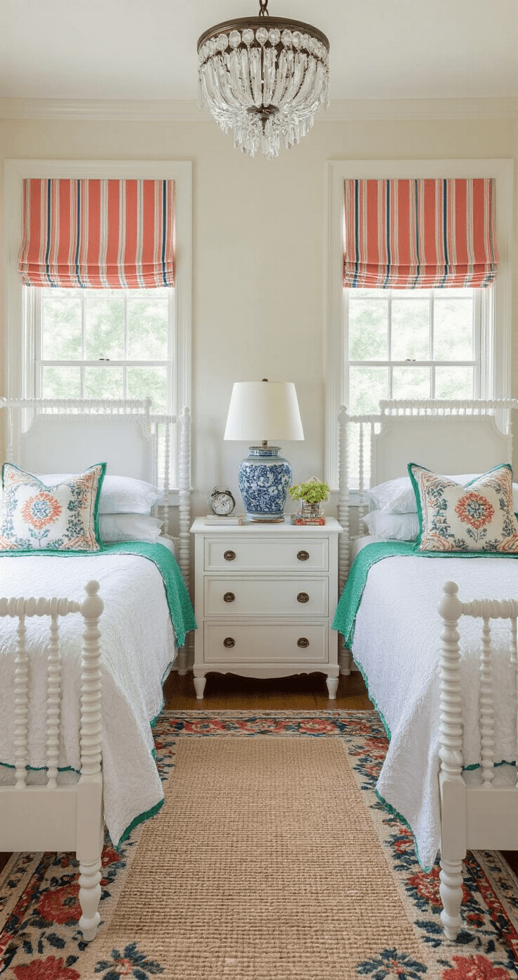 Bird's eye view of a symmetrical twin preppy bedroom featuring two Jenny Lind beds with white eyelet coverlets trimmed in Kelly green, a white lacquered nightstand with a ginger jar lamp, complemented by coral and navy striped roman shades, a sisal rug beneath a floral area rug, and soft overhead lighting creating gentle shadows.