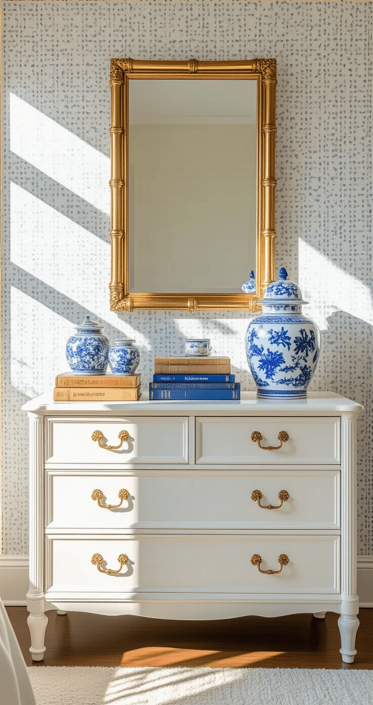 Intimate morning scene of a white lacquered dresser with a beveled mirror, adorned with gold bamboo frames, blue and white chinoiserie vases, and vintage books, against a small-scale geometric wallpaper. Natural light casts dramatic shadows, highlighting rich textures.