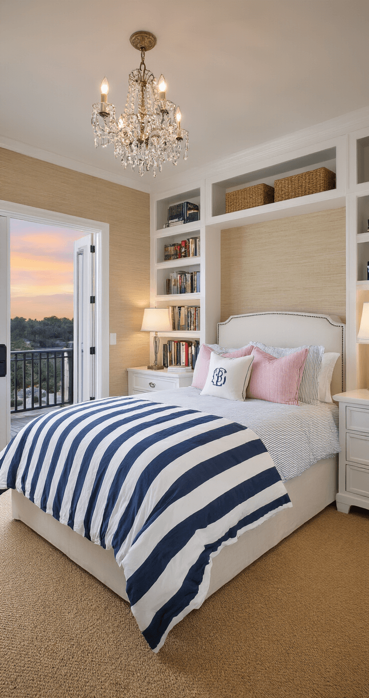 Wide-angle dusk shot of a preppy master bedroom suite featuring a California king bed with navy and white striped duvet, pink oxford stripe shams, and monogrammed accent pillows, illuminated by a crystal chandelier and warm ambient lighting, seagrass wallcovering on the ceiling, and French doors opening to a sunset view on the balcony.