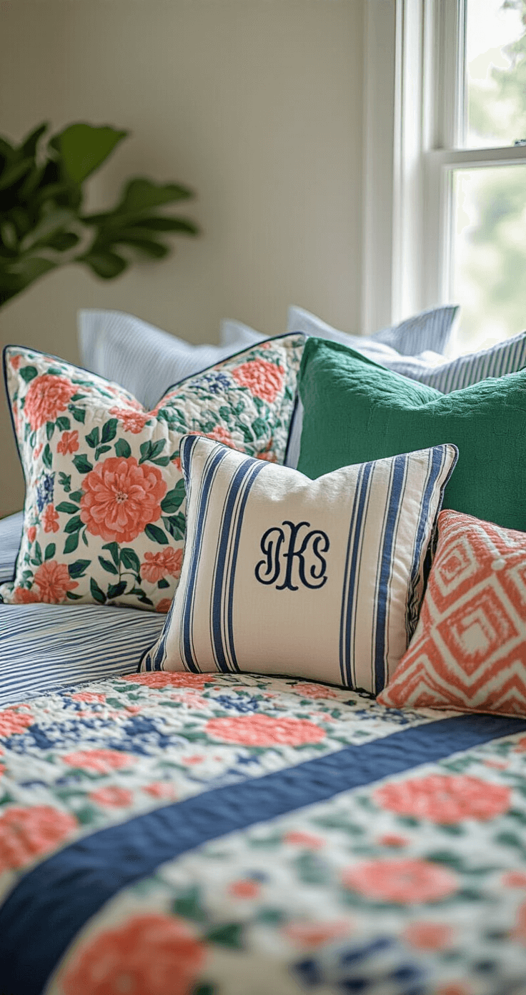 Close-up of preppy bedding layered in morning light, showcasing floral quilting, striped shams, and geometric throw pillows in navy, kelly green, and coral. A monogrammed accent pillow in the foreground emphasizes fabric texture, with soft natural side lighting highlighting intricate details.