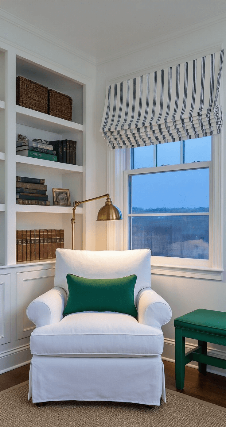 Cozy preppy bedroom seating area at twilight featuring a slipcovered white armchair, brass swing-arm lamp, and floating shelves with memorabilia, all illuminated by soft blue hour light filtered through a striped roman shade, with an emerald green garden seat adding a vibrant touch.