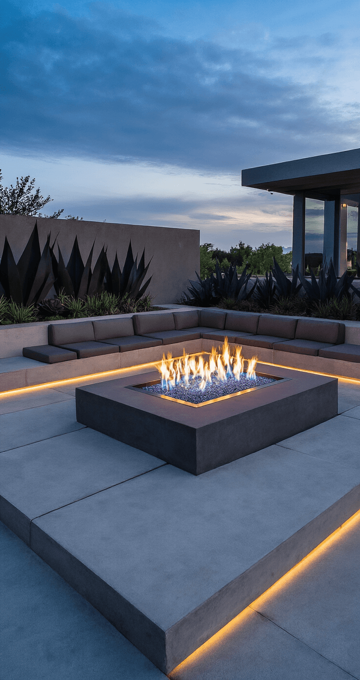 A modern minimal fire pit lounge at blue hour featuring a large elevated concrete platform with LED lighting, a sleek stainless steel gas fire producing blue flames, low-profile modular sectionals in charcoal fabric, and dramatic shadows from architectural succulents in geometric planters. Glass wind guards reflect the twilight sky, captured from a slightly elevated position highlighting geometric lines and a moody atmosphere.