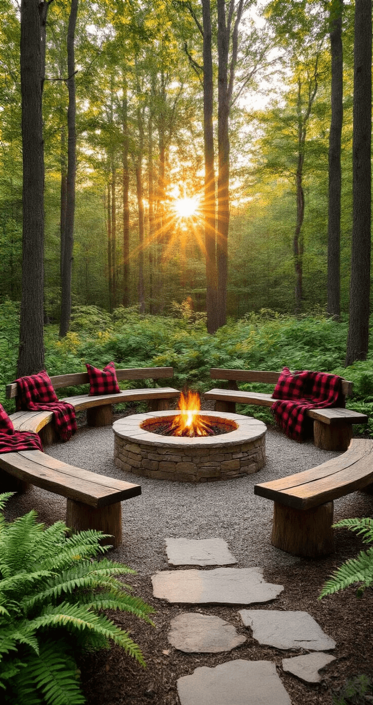 Rustic woodland retreat featuring a natural stone fire pit surrounded by a crushed granite circle, reclaimed timber benches with buffalo check throws arranged in a horseshoe, and a stone pathway amidst ferns and hostas, illuminated by vintage copper lanterns hanging from oak branches.