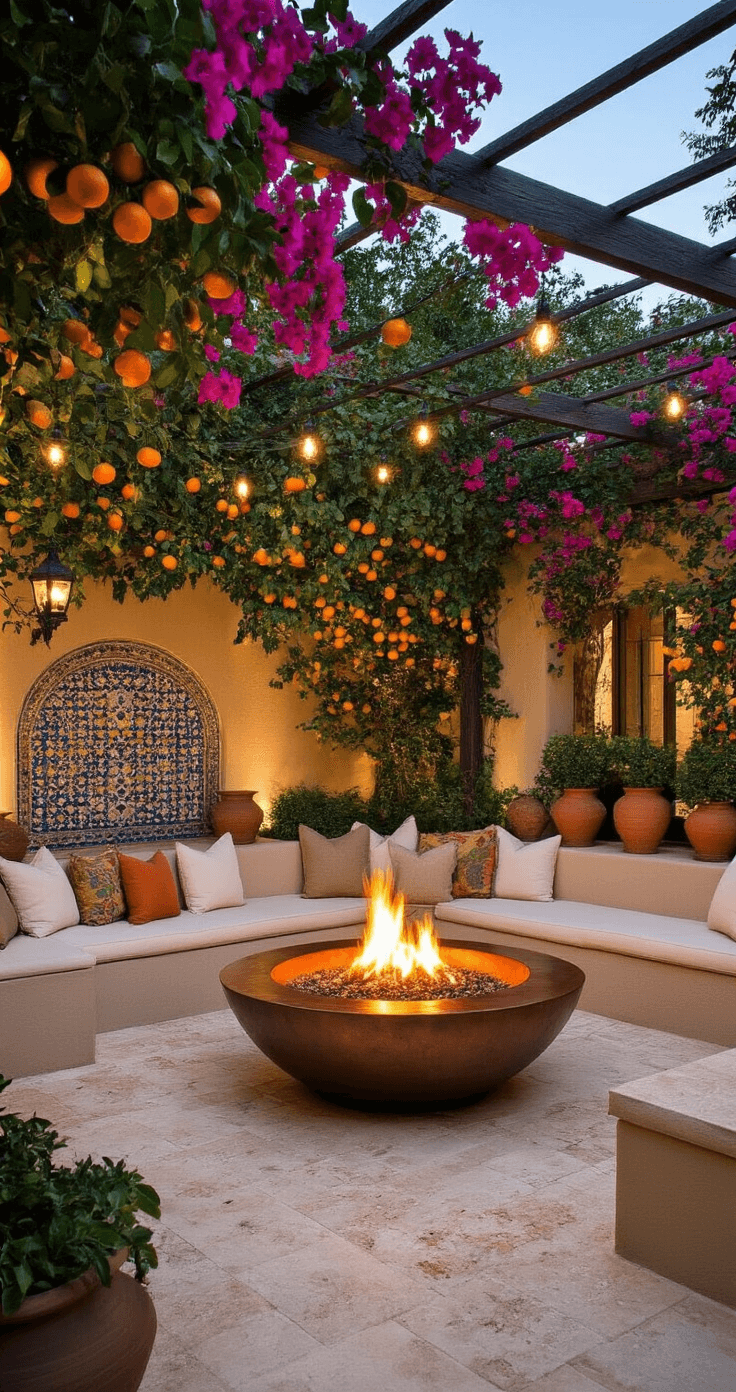 A cozy Mediterranean-inspired fire pit courtyard at dusk, featuring a 24ft square travertine patio with a hammered copper fire bowl surrounded by built-in stucco seating adorned with colorful Moroccan tiles and ivory cushions. Terra cotta pots with citrus trees and cascading bougainvillea add vibrant greenery, while a wrought iron pergola draped with cafe lights enhances the warm ambiance, all captured from a corner angle to showcase depth and texture.