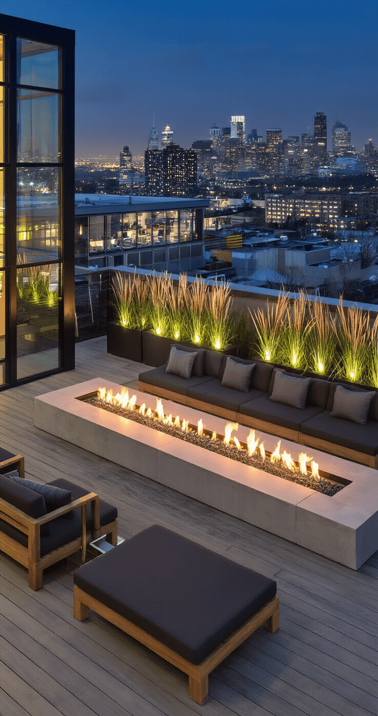 A contemporary rooftop lounge at night featuring a linear gas fire pit, sleek teak sectional with charcoal cushions, brass accent tables, and illuminated planters with ornamental grasses, all set against a glass backdrop reflecting city lights and a cityscape beyond.