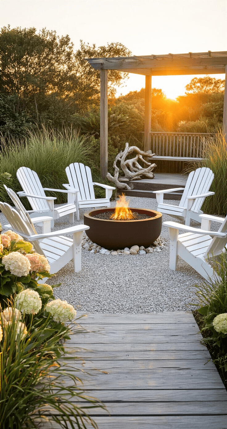 A coastal fire pit garden at sunset featuring a circular pea gravel patio with whitewashed Adirondack chairs around a cast iron fire bowl, framed by beach grass and hydrangeas, accented with driftwood sculpture and shells, and illuminated by nautical rope lighting on a nearby pergola, with a natural wooden boardwalk leading to the seating area.