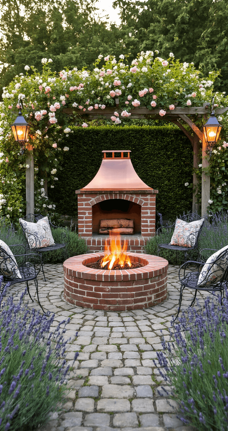 A romantic English cottage garden at magic hour, featuring a brick fire pit with a copper hood, surrounded by a cobblestone circle. Vintage iron garden furniture is nestled beneath an arbor adorned with climbing roses, while lavender borders and box hedges enhance the space. Antique lanterns on shepherd's hooks cast soft ambient light in the serene atmosphere.