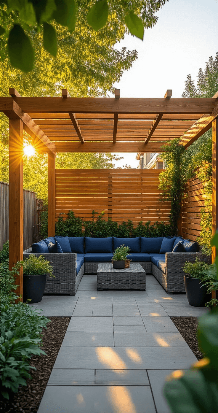 A sunlit backyard patio with a DIY wooden pergola, featuring warm light filtering through cedar-stained slats. Below, modern grey furniture and navy cushions are arranged under the pergola, surrounded by potted plants and climbing vines. The image captures intricate wood grain details with a shallow depth of field and natural lens flare.