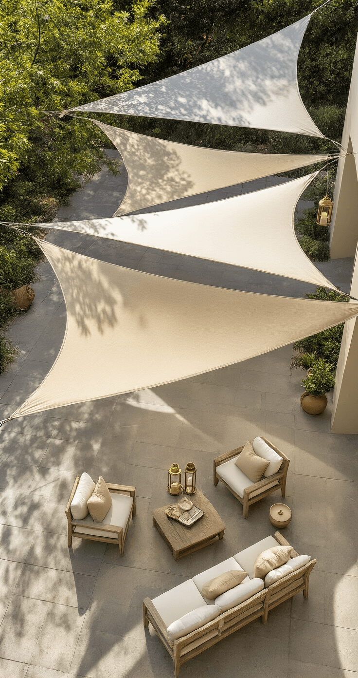 Aerial view of a contemporary 20x20ft concrete patio with overlapping white and sandy beige shade sails casting geometric shadows on stone pavers, featuring a weathered teak conversation set with cream cushions, brass lanterns, and ceramic planters.
