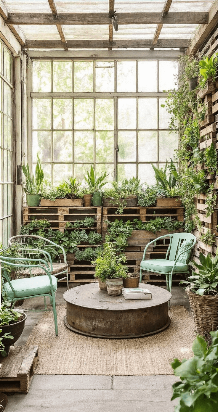Detail shot of an eclectic patio sanctuary featuring vintage metal window frames as wall art, salvaged wood pallet vertical gardens with succulents, and mismatched mint green chairs around a restored spool table, emphasizing texture in soft backlighting.