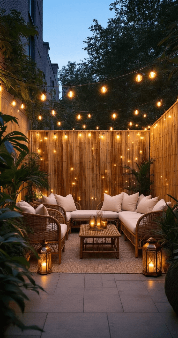 Intimate urban patio at dusk with bamboo fencing, warm LED string lights, rattan furniture, copper lanterns, and lush tropical plants creating a cozy, resort-like atmosphere.