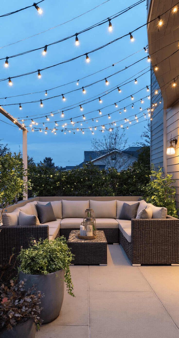 A corner view of a cozy 16x14ft patio at blue hour, adorned with twinkling solar string lights overhead, surrounded by mixed container gardens, featuring an affordable outdoor sectional in neutral fabric.
