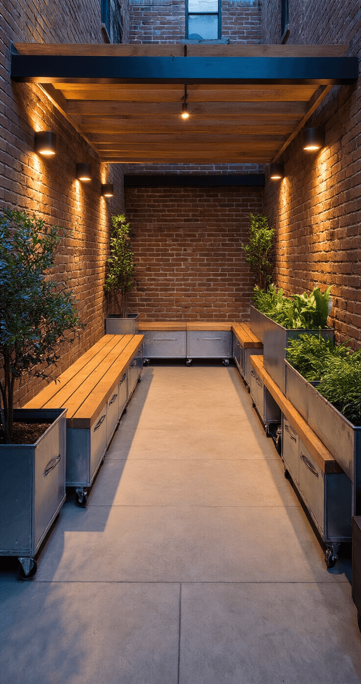 A vibrant evening scene of a multi-functional patio space featuring modular bench seating with hidden storage against weathered brick walls, mobile galvanized metal planters, and textured concrete flooring illuminated by golden light.