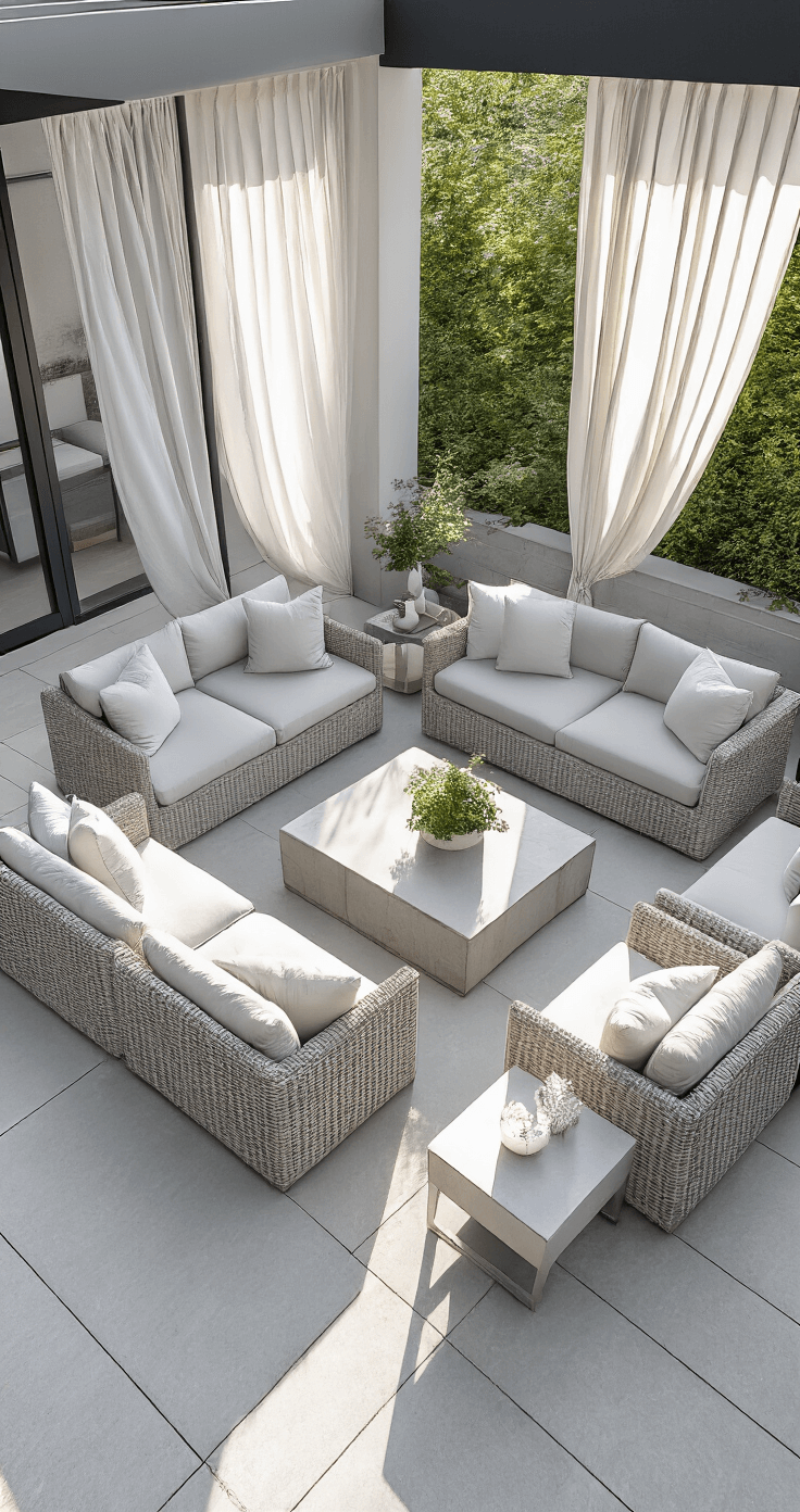 Bird's eye view of a cohesive 18x18ft patio in grey and white, featuring smooth concrete, woven furniture, brushed metal accents, and billowing curtains, all illuminated by morning light.
