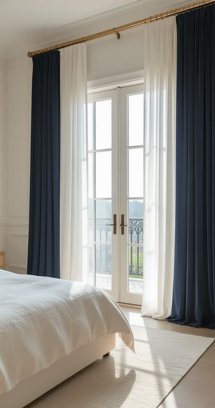 A luxurious master bedroom featuring layered sheer white linen and velvet navy curtains, with a king bed upholstered in cream linen, 10' ceilings, and French doors leading to a private balcony, all bathed in soft natural light.