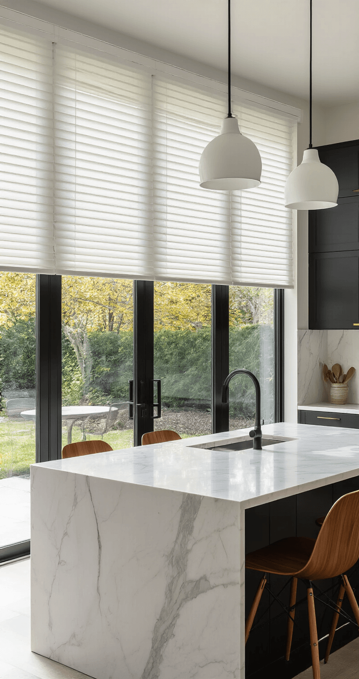 Bright modern kitchen and dining area featuring floor-to-ceiling sliding doors with white cellular shades, allowing mid-morning light to create a honeycomb pattern. The space includes a white Carrara marble island against matte black cabinets and an Eames-style dining set in warm walnut, all captured from kitchen island height to highlight vertical lines and geometric patterns.