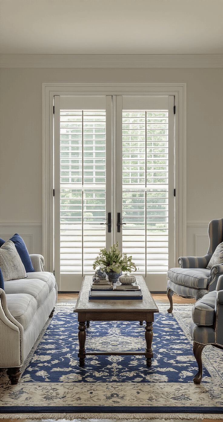 Colonial-style family room featuring custom white plantation shutters framing French doors, with afternoon sun illuminating partially tilted louvers. Traditional furnishings in deep blues and creams, including a rolled-arm sofa and wingback chairs, with a navy and ivory Oriental rug anchoring the space. Low-angle shot emphasizing the texture of the shutters and the room's height, with dramatic side lighting.