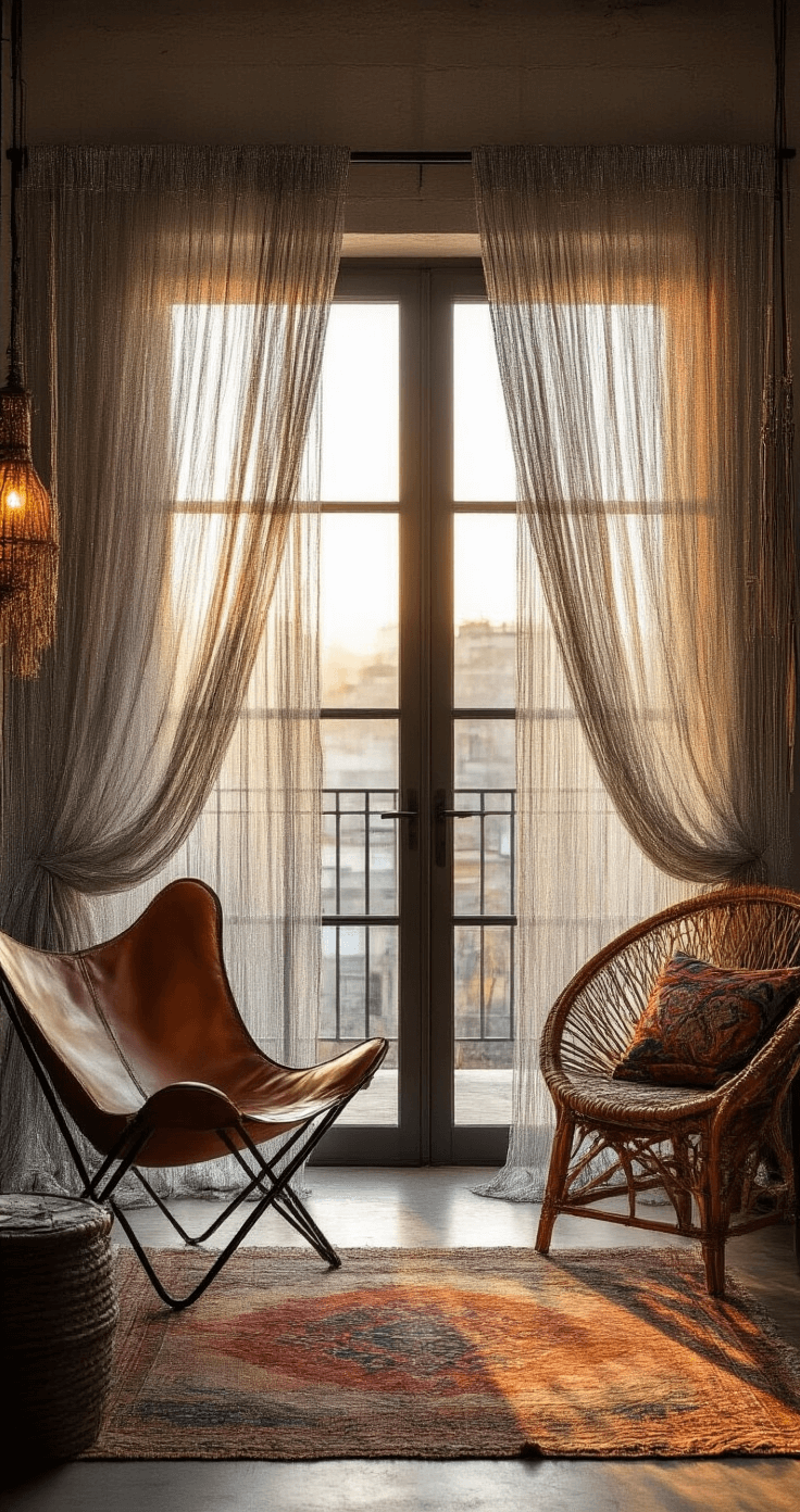 Eclectic studio apartment living area with industrial sliding door draped in silver and copper string curtains, illuminated by golden hour light, featuring vintage furniture like a leather butterfly chair and rattan peacock chair, accented with colorful Moroccan textiles.