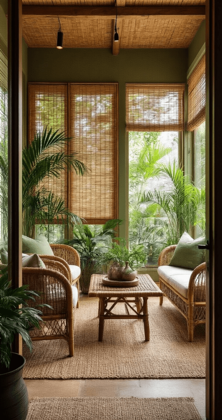 Zen-inspired sunroom featuring natural bamboo sliding panels, rattan furniture, potted palms, and a sisal rug, all illuminated by soft, filtered afternoon light in an earth-tone color palette.